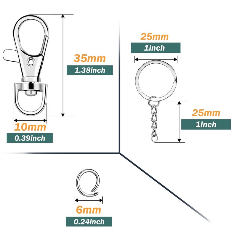 Segauin 100 Pcs Lanyard Snap Hooks and Key Rings with Chain and Jump Rings for Keychain Lanyard DIY Jewelry Crafts Accessories Silver(50 Swivel Snap Hooks +50 Flat Key Ring with Chains) - Image 2